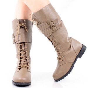 Lace Up Side Zip Double Buckle Moto Combat Boots